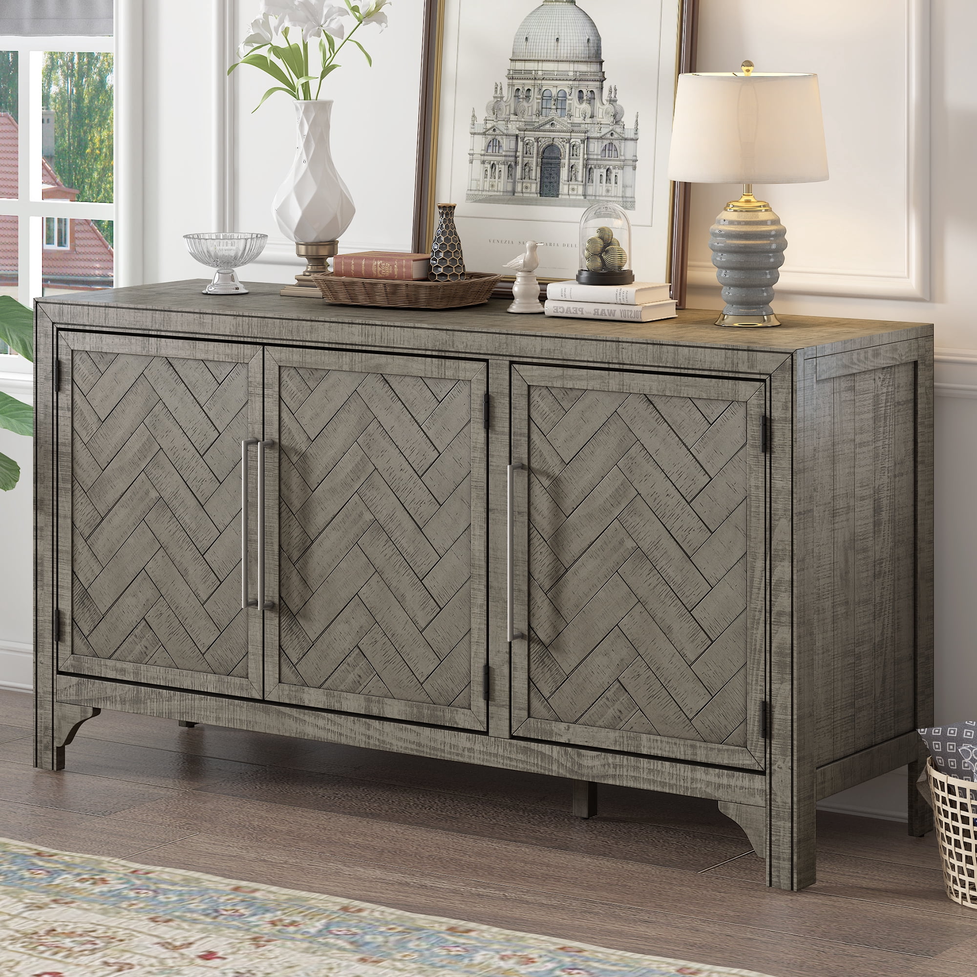 Lunale 60" Storage Sideboard Cabinet, Accent Cabinet with MDF+Pine Veneer, Adjustable Shelves for Kitchen, Living Room, Light Brown