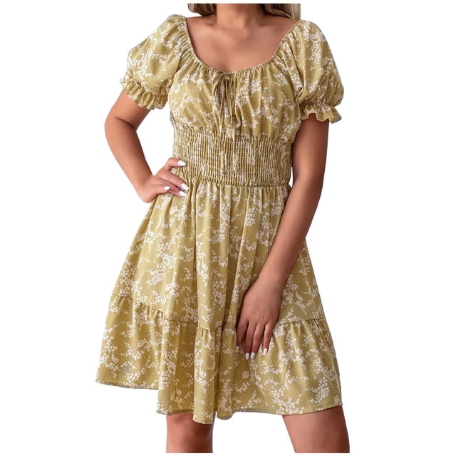 Vestido de cintura alta con volantes y estampado floral con mangas abullonadas y cuello cuadrado a la moda de verano para mujer Fridja bnh7064