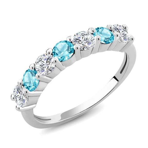 Gem Stone King 925 Sterling Silver Round E-F Lab Grown Diamond Swiss Blue Topaz Anniversary Ring for Women (1.28 Cttw, Gemstone Birthstone, Size 6)