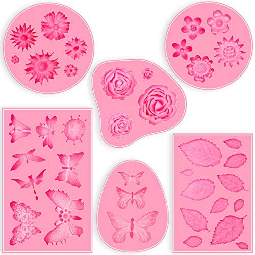 6 Pack Fondant Molds, Mini Flower Mold Butterfly Molds Leaf Mold, Rose Clay Molds Pink Polymer Clay Molds, Non-stick Silicone Molds for Cake Decorating - Butterfly/Rose/Leaves