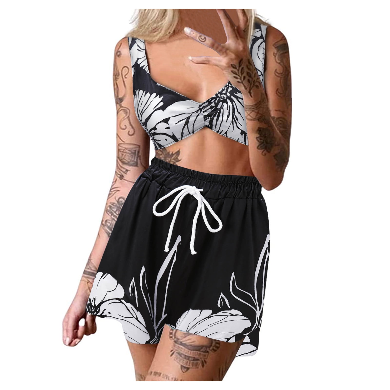 Summer Two Piece Set Women Floral Crop Top Shorts Outfit Jumpsuit Sleeveless