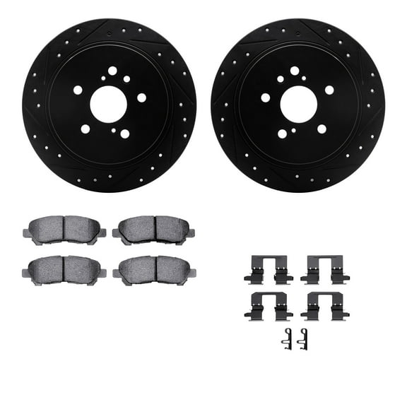 Dynamic Friction Company Rear Brake Rotors-Drilled and Slotted-Black with 5000 Advanced Brake Pads includes Hardware 8512-76165