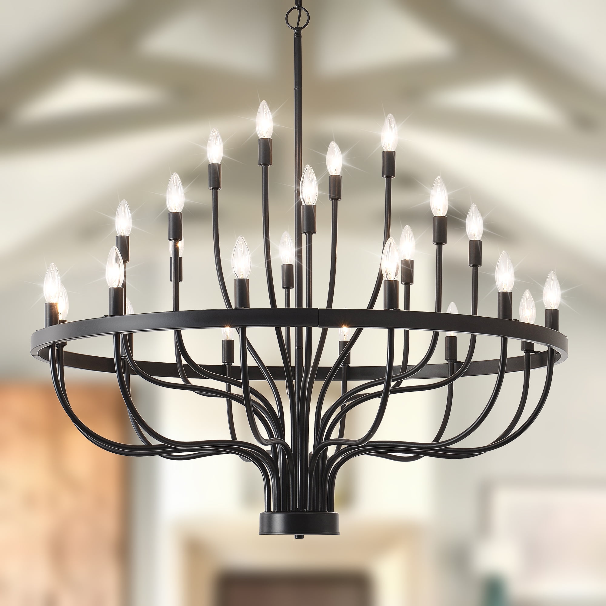 24-Lights Farmhouse Chandelier with Adjustable Height, Black Candle-Style Hanging Light for Entryway, Dining Room, High Ceiling Living Room, Hallway