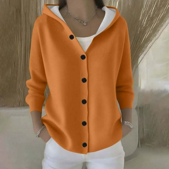 Fznquz Button Up Tops for Women Casual Fall Orange Long Sleeve Knit Hoodies Trendy Spring Womens T Shirts,L