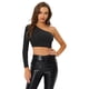 thumbnail image 1 of INSPIRE CHIC Top corto de fiesta de manga larga con un hombro y purpurina metálica para mujer Negro M, 1 of 4