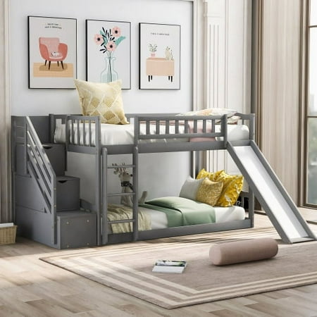 Churanty Kids Bunk Bed Twin Over Twin Wooden Floor Bunk Bed with Slide and Storage Stairway Gray