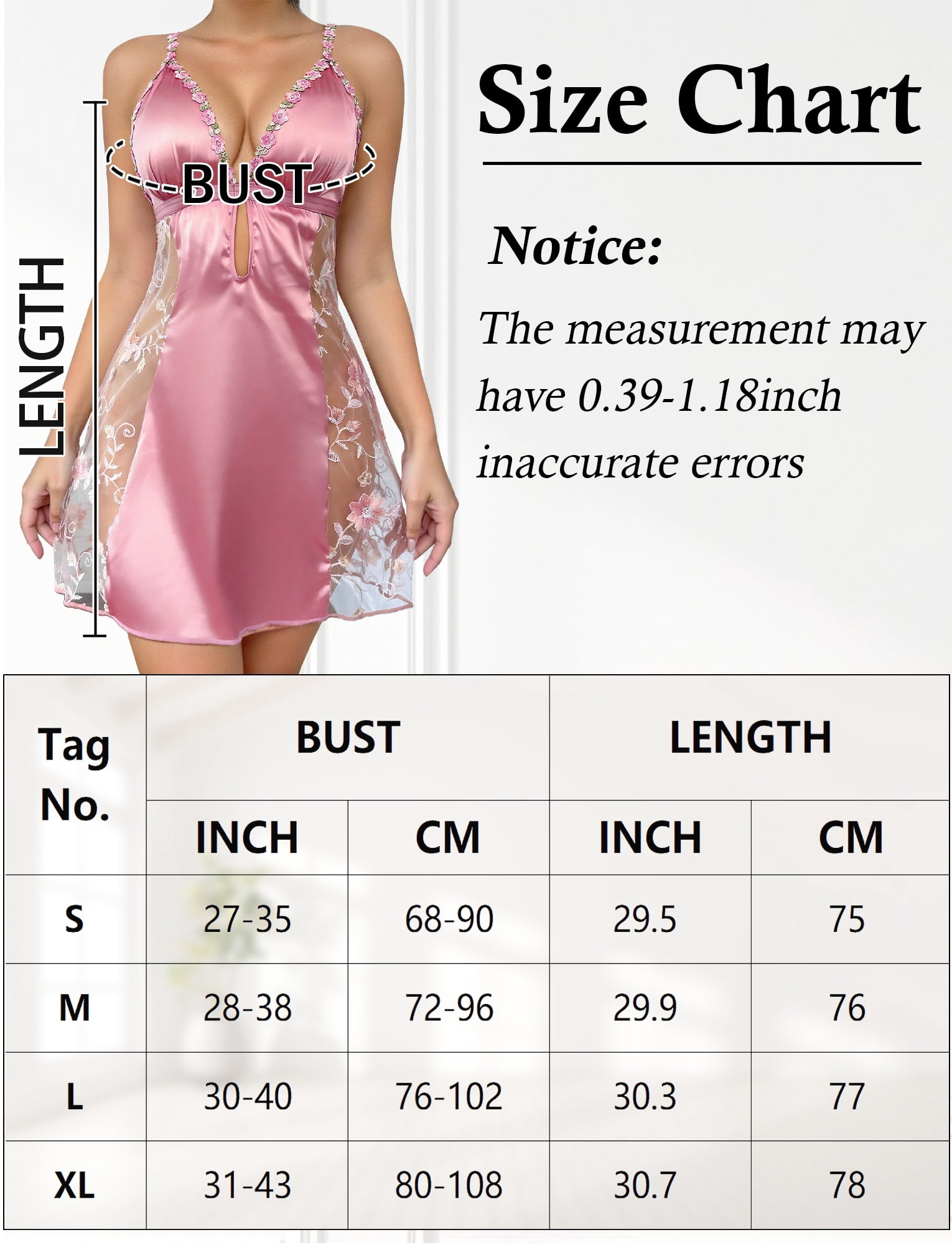 Ausing Women's Satin Nightgowns Sleepwear Floral Embroidered Deep V Sleep Dresses Lace Trim Sheer Chemise Closure Front Night Dress Mesh Babydoll Lingerie Set Night Dress M Pink