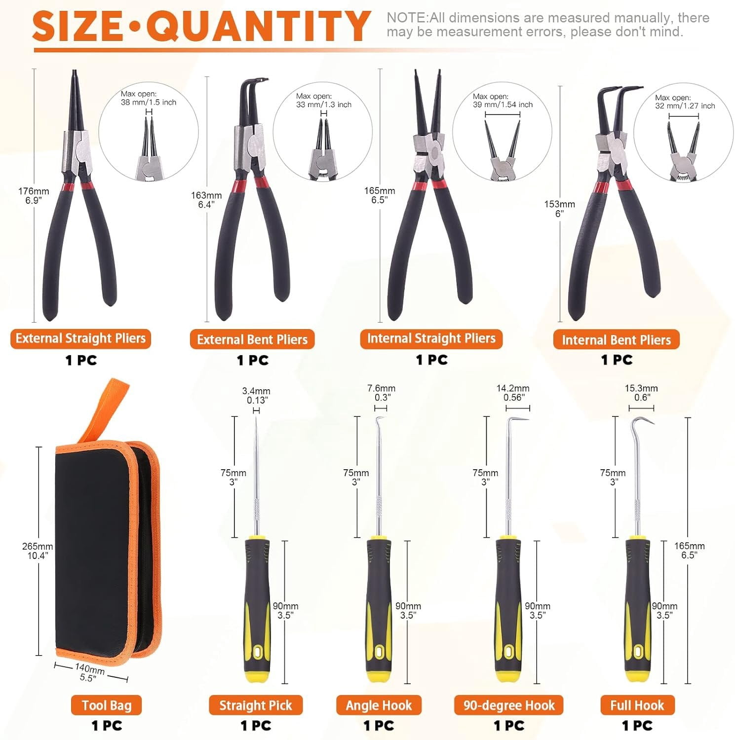 8 count 7 Inch Snap Ring Pliers Heavy Duty Hook Tool Set Internal External Circlip Pliers Tool Kit Straight Bent Jaw Pliers for Automotive Ring Removal Retaining