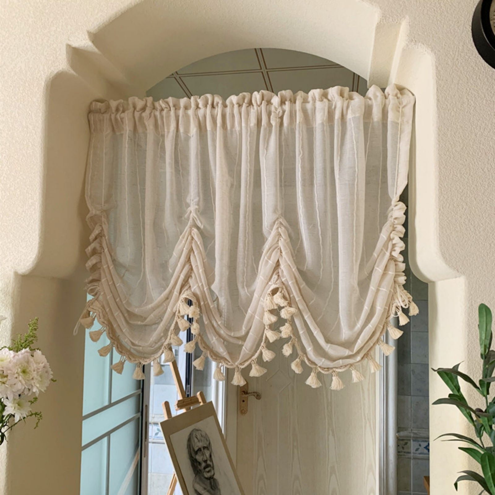 Linen Balloon Kitchen Curtain Tie Up Sheer Curtain Tiers for Cafe Windows Rod Pocket Light Filtering Voile Window Valance for Bedroom Living Room