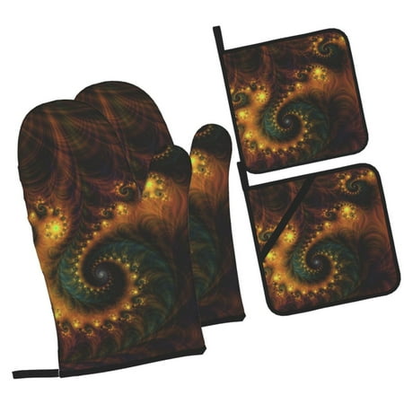 

ZICANCN Oven Mitts and Pot Holders Sets Fractal Gold Vortex Spiral Baking Sets Kitchen Heat Resistant 4 Pieces