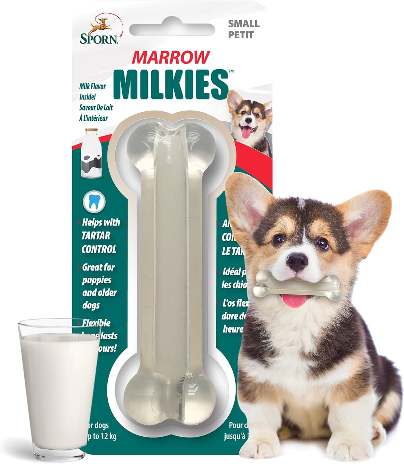 Sporn Marrow Milkies Chew Bones for Light Chewers, Milk Flavor Dog Chew Toys for Small Dogs, Made with Soft Thermoplastic Rubber Dog Dental Chew Toy, Gluten-Free & Non-Toxic, Small, Flexible, soft dog chew