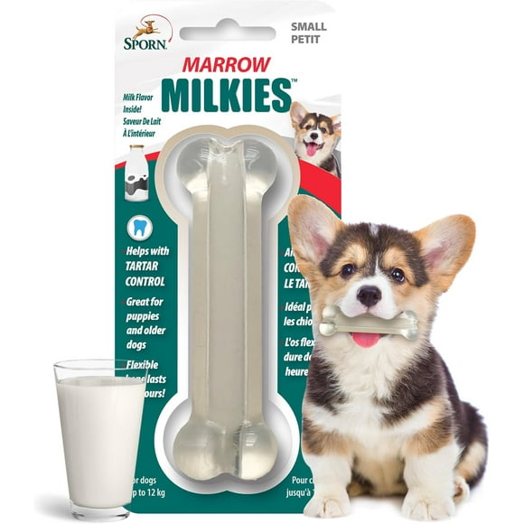 Sporn Marrow Milkies Chew Bones for Light Chewers, Milk Flavor Dog Chew Toys for Small Dogs, Made with Soft Thermoplastic Rubber Dog Dental Chew Toy, Gluten-Free & Non-Toxic, Small