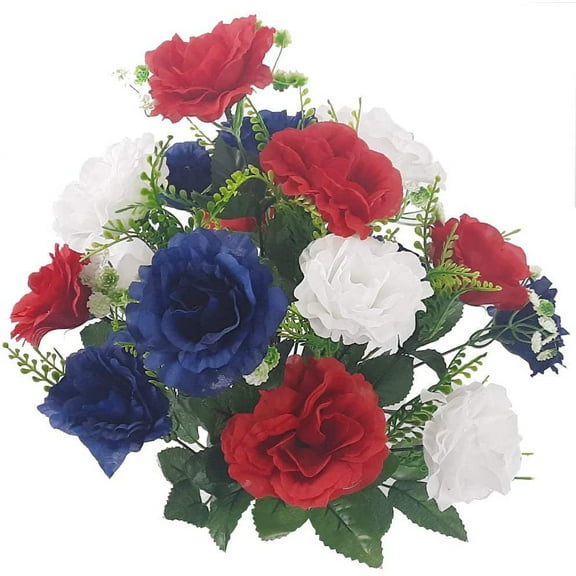 Admired By Nature ABN1B002-RD-WHT-BL, 18 Stems, Red/White/Blue Artificial Full Blooming Flowers, Medium, 11. ABN_RD/WT/BL_Rose Bush-2