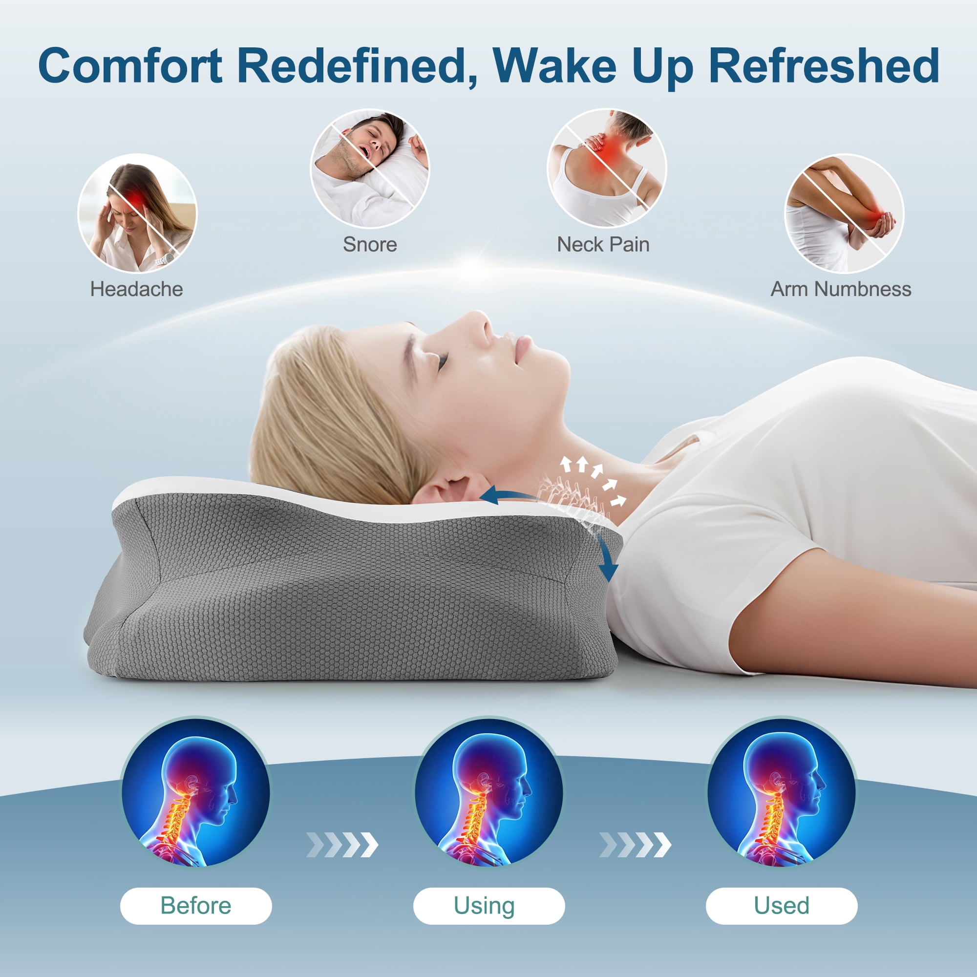 KAIPARA Memory Foam Cervical Pillow for Sleeping, Ergonomic Butterfly Contour Bed Pillow with Cooling Ice Silk Cover for Side, Back & Stomach Sleepers, Grey & White