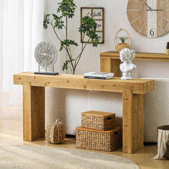Rustic 63" Solid Wood Console Table in Natural Finish – Farmhouse Style Sofa Table for Entryway or Hallway Décor