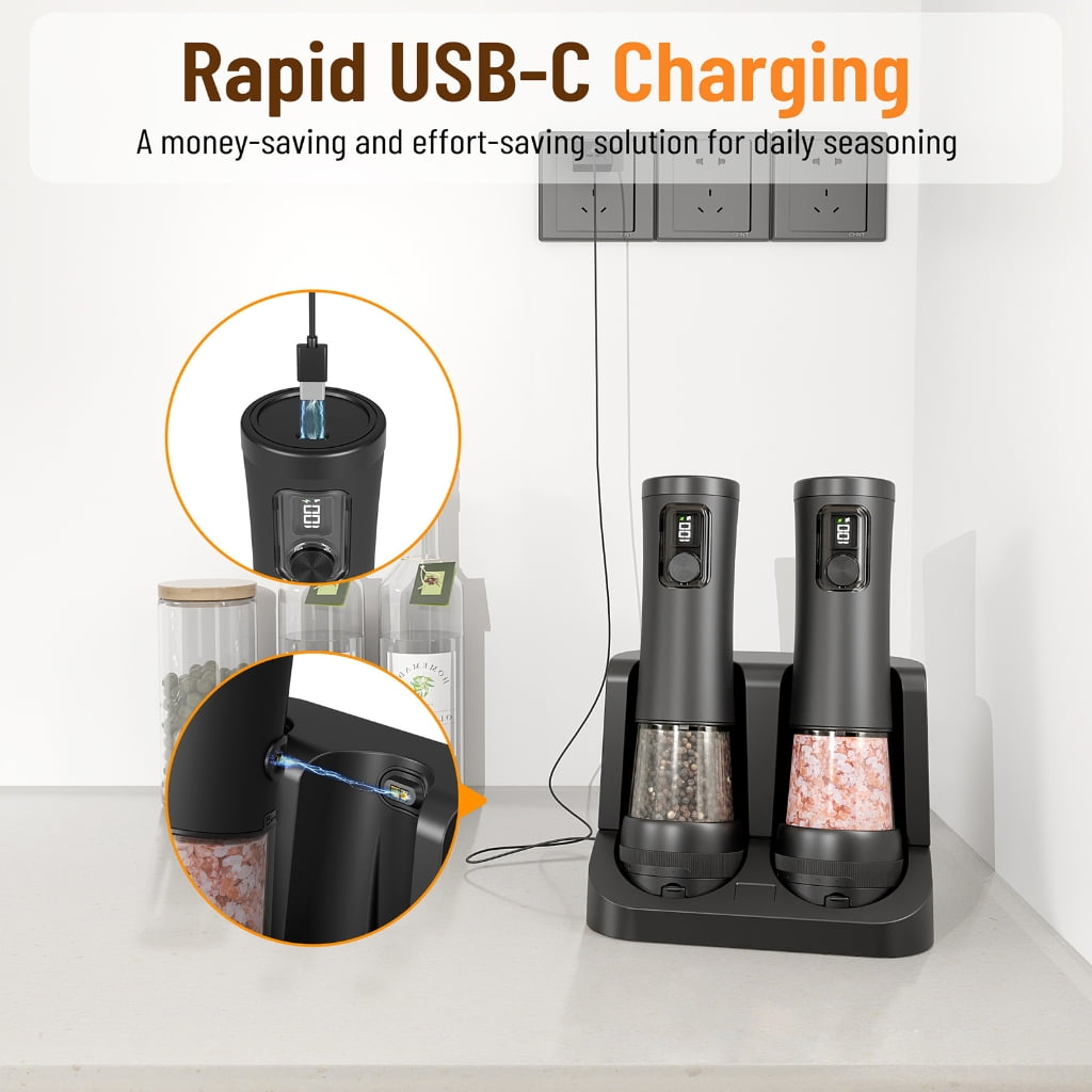 Electric Pepper Grinders Set With USB Charging Dock 100ml Clear Container Spill Cover For Home Cooking