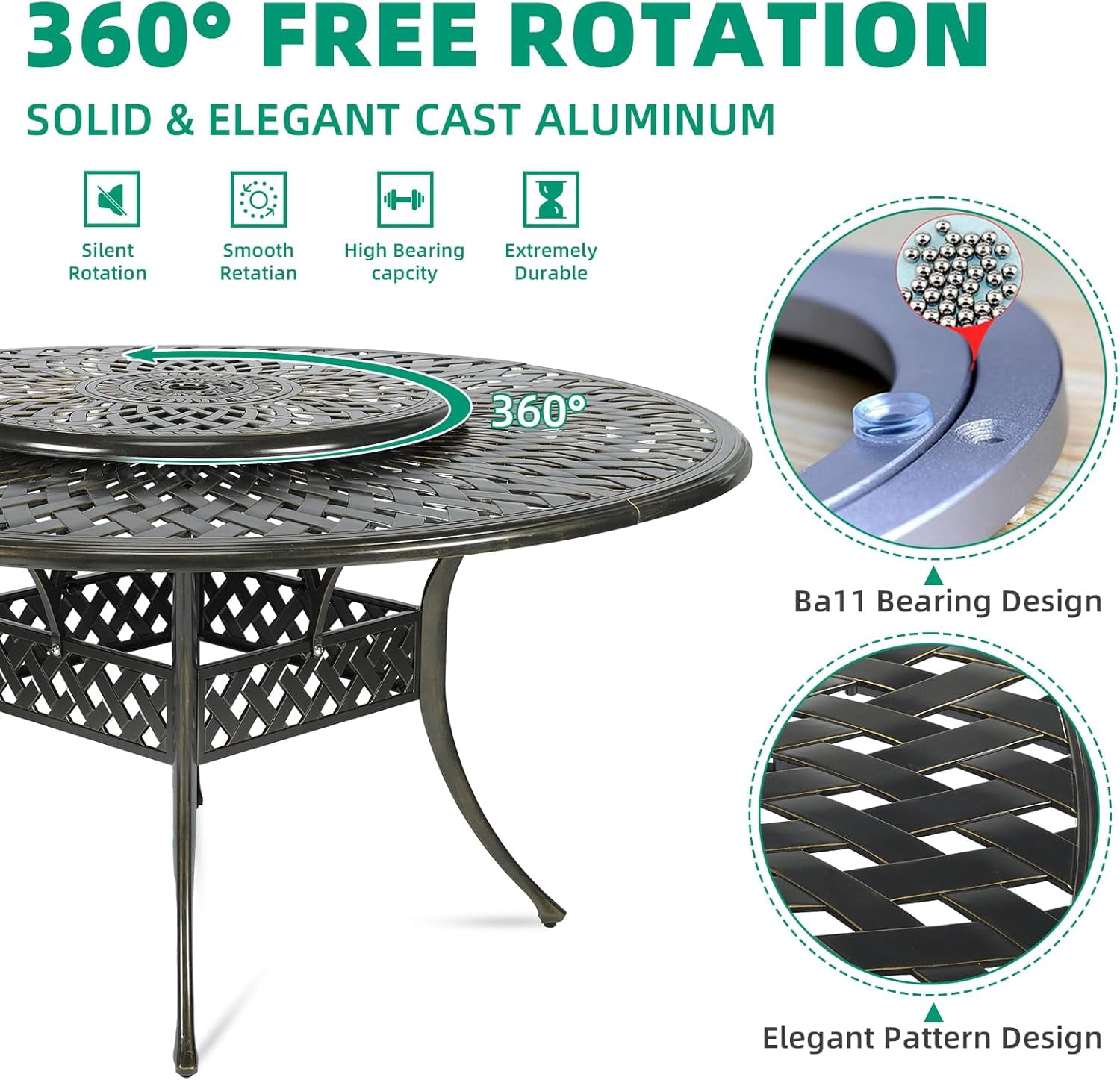 VIVIJASON 9-Piece Patio Furniture Dining Set, Cast Aluminum Rust-Free Outdoor Conversation Set, Include 61" Round Dining Table with 31" Lazy Susan & 8 Cushioned Chairs, Umbrella Hole, Khaki