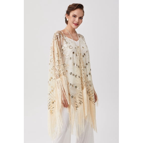 BABEYOND 1920s Beaded Shawl Wraps Sequin Fringed Evening Cape Wedding Bridal Shawl Scarf for Evening Dresses Party (Beige)