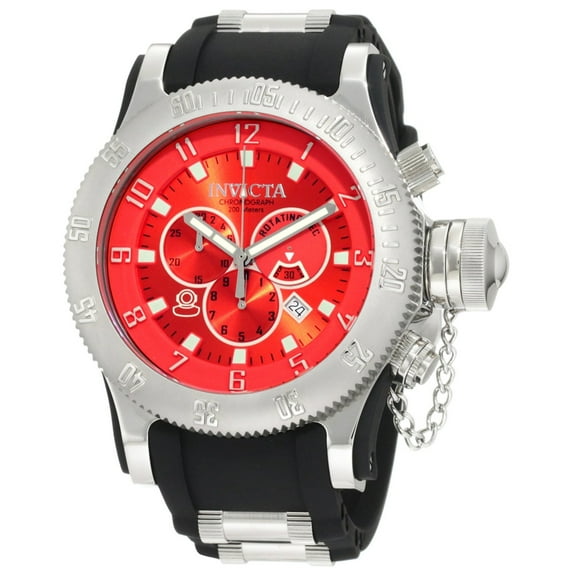 Invicta 10135 Men's Russian Diver Red Sunray Dial Black Rubber Strap Stainless Steel Chronograph Dive Watch
