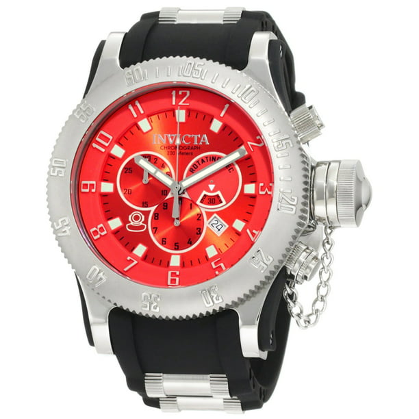 Invicta 10135 Men's Russian Diver Red Sunray Dial Black Rubber Strap  Stainless Steel Chronograph Dive Watch