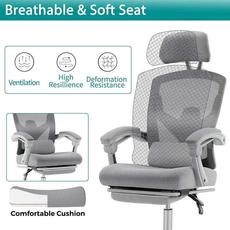 Kelno Ergonomic Office Chair High Back Reclining Swivel Desk Chair Retractable Footrest, Grey