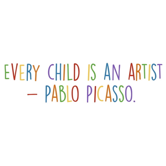 Every Child is an Artist with Creative and Colorful Art Design Banner Vinyl Wall Decal - Famous Inspiration Quotation by Well Known Artist Pablo Picasso for Kids Wall Decoration - 40" x 12"