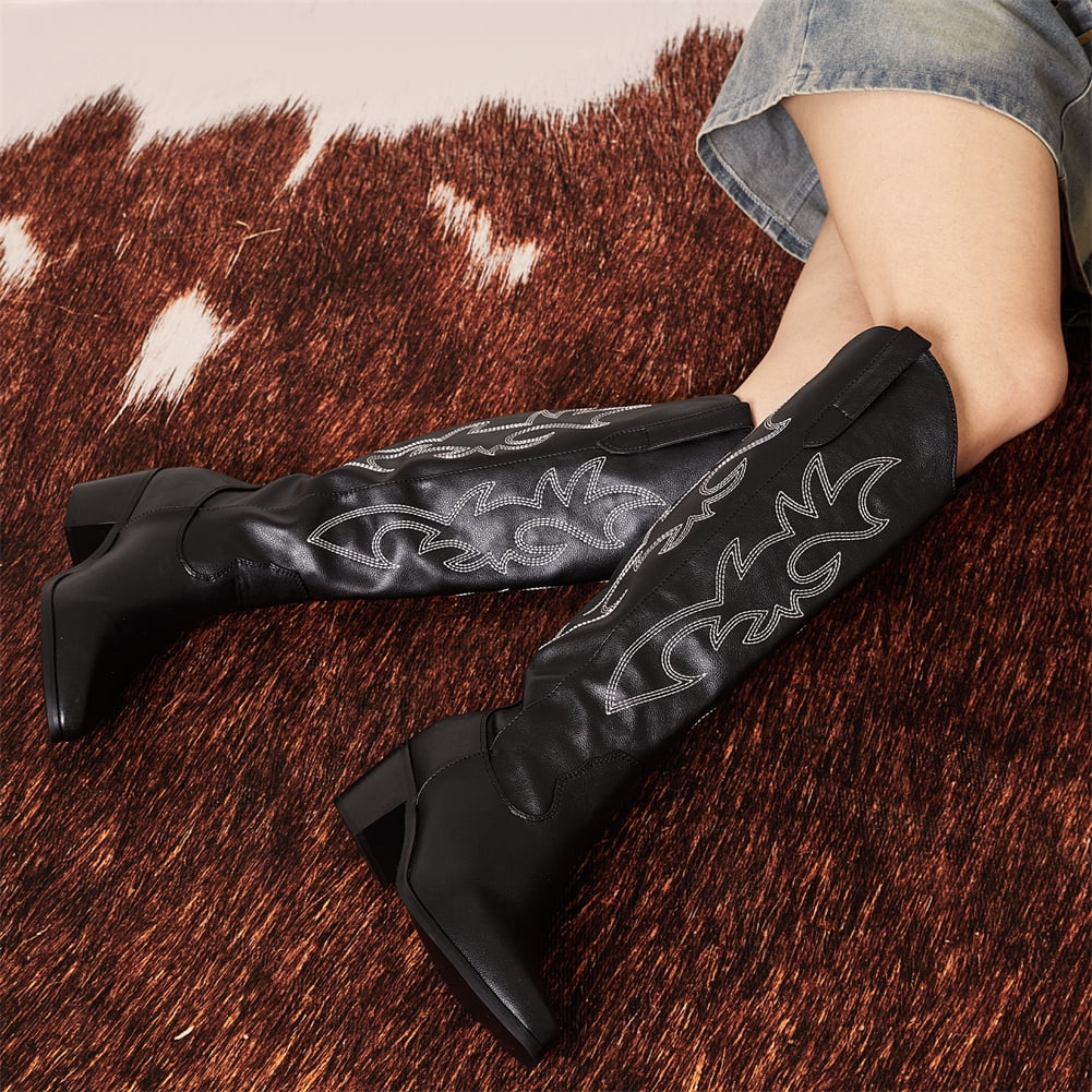 Sarairis Western Cowgirl Cowboy Boots For Women Black Block Heel Shoes Vintage Retro Knee High