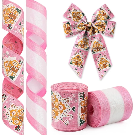 Hsomely 2 Rolls Christmas Ribbon, Glitter Gingerbread House Pink, 2.5" x 10 Yards, Wreath Wrapping Holiday DIY Decor