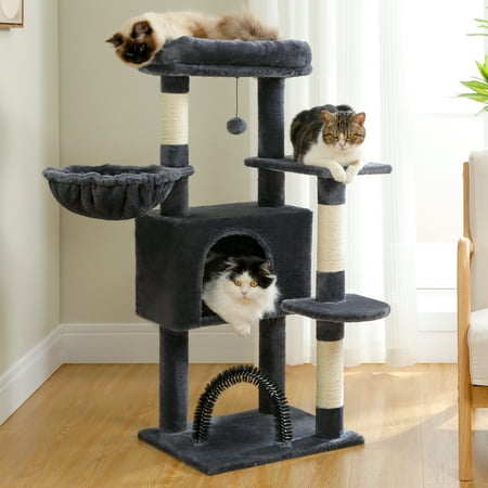 PAWZ Road Cat Tree 42" Cat Tower Condo with Soft Perch Hammock Scratching Posts and Self-Grooming Toy for Small Cats,Dark Gray
