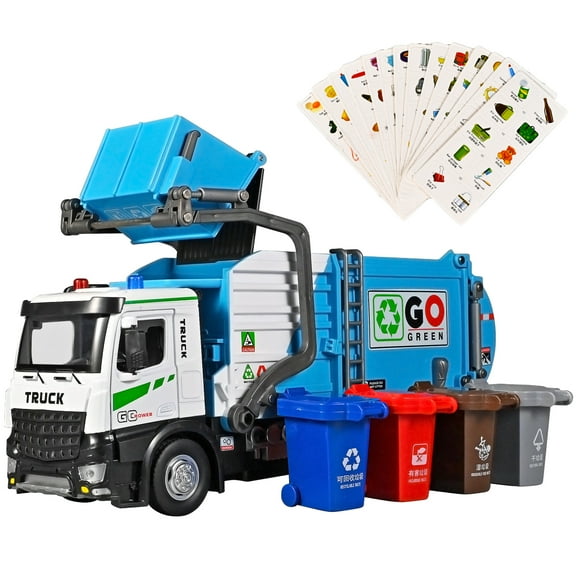 Anmyjuly Simulated Alloy Electric garbage truck toy with Lifting Frame, Opening Doors, Rotating Mirrors, Lights & Sound Effects for boys age 4-7, Includes 4 Small and 1 Large toy garbage cans