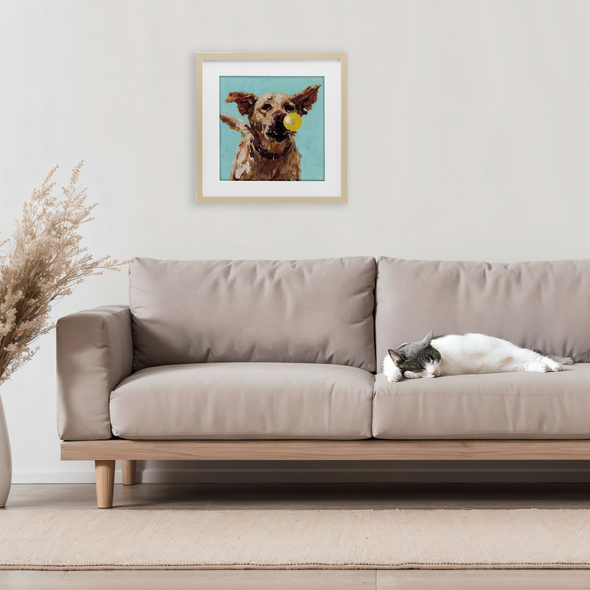Dog Playing with Ball Birch Framed Print Under Glass, design by Studio Bautista