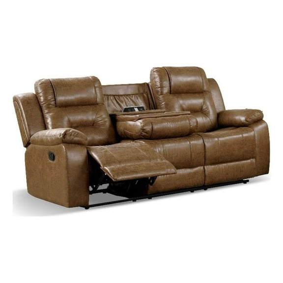 Furniture of America Ranshell Faux Leather Sofa with Drop-Down Table in Brown