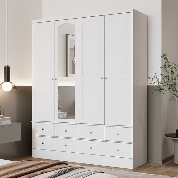 OXYLIFE 4 Doors Armoire Wardrobe Closet with Mirror, Hanging Rod & 6 Drawers, Bedroom Armoires Storage Cabinet with Adjustable Shelves, White (47.8”W x 19.7”D x 78.7”H)