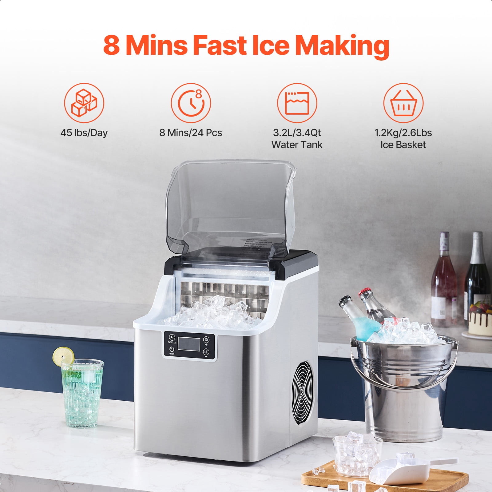 KFFKFF 45lbs/24H Countertop Ice Maker Nugget Ice Maker Self-Cleaning Ice Maker with Ice Scoop & Drip Tray 24 Ice Pieces in 15 Minutes