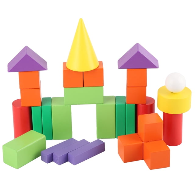 Bloques de construcción geométricos de madera para niños, bloques tridimensionales, juego de juguetes educativos, caja de 32 piezas + reloj despertador pequeño