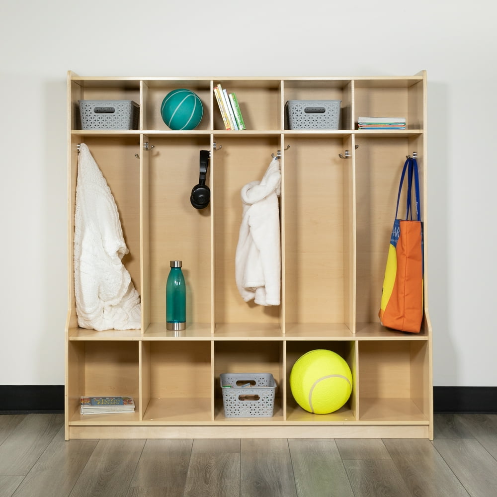 Wooden 5 Section School Coat Locker with Bench, Cubbies, and Storage Organizer HookSafe, Kid