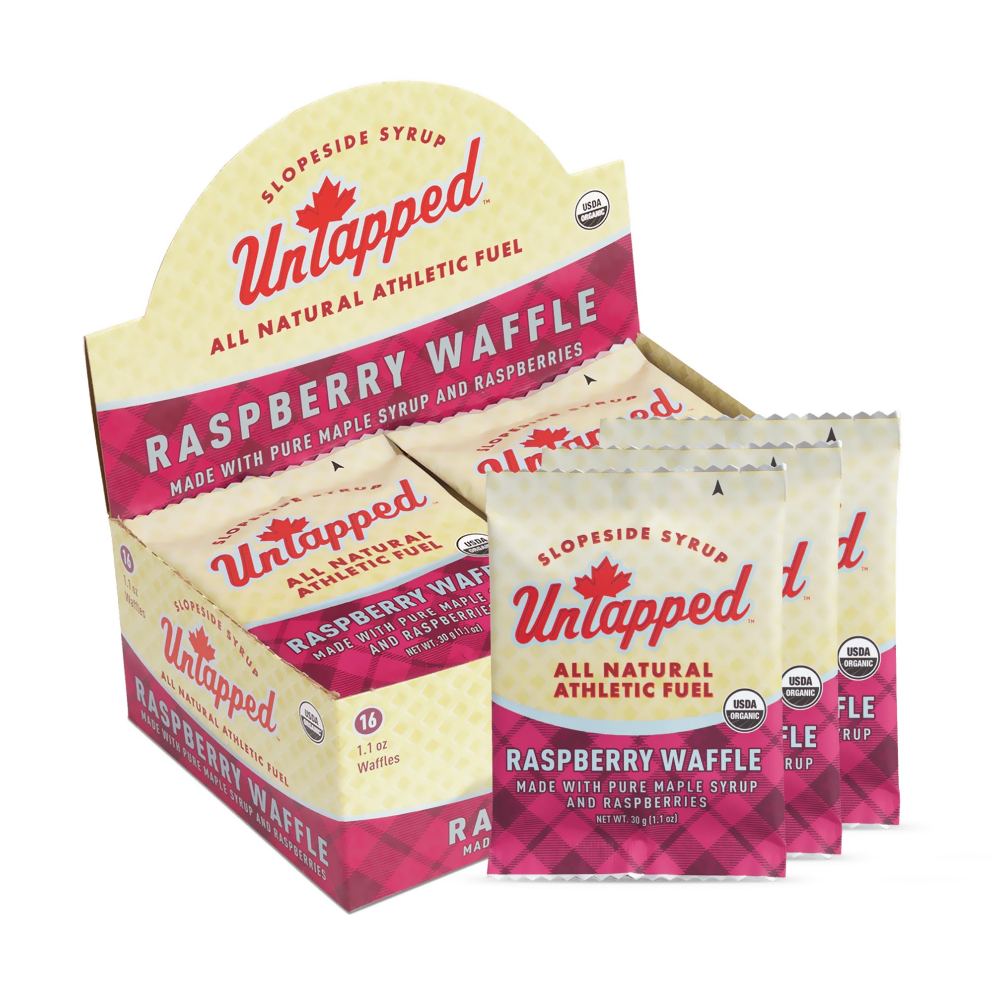UnTapped Organic Raspberry Waffles 1.1 oz Each  Box of 16 - Endurance Sports Snacks Sweetened with Real Maple Syrup  Maple Sugar  and Real Raspberries | Vegan & Real Food Waffles Ideal for Athletic