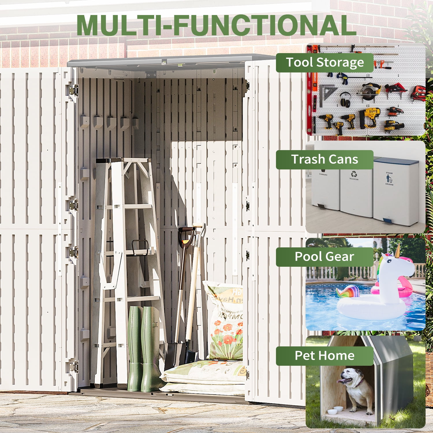 Sunmthink Outdoor Horizontal Storage Sheds 64 Cu.Ft, Resin Storage Cabinet Waterproof,Lockable,White