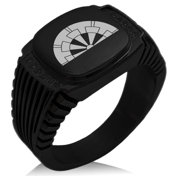 Stainless Steel Ikoma Samurai Crest CZ Ribbed Needle Stripe Pattern Biker Style Polished Ring