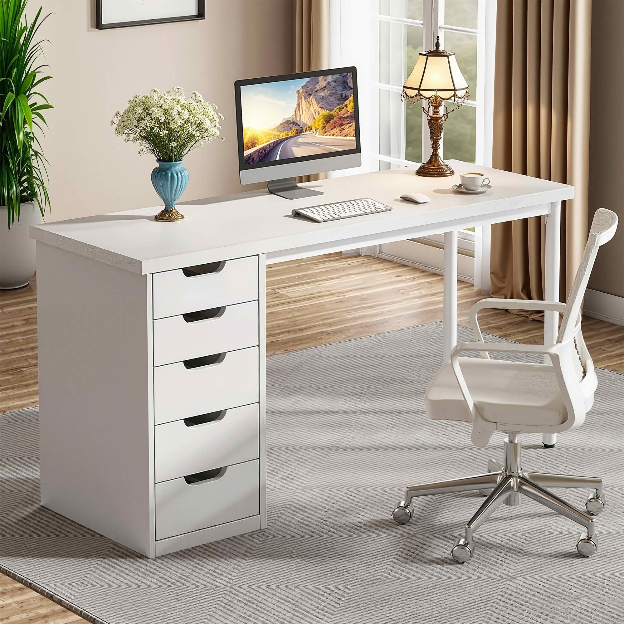 MAYEERTY 47 Inch Modern Computer Desk with 5 Reversible Drawers, Rustic Brown Writing Table for Home Office