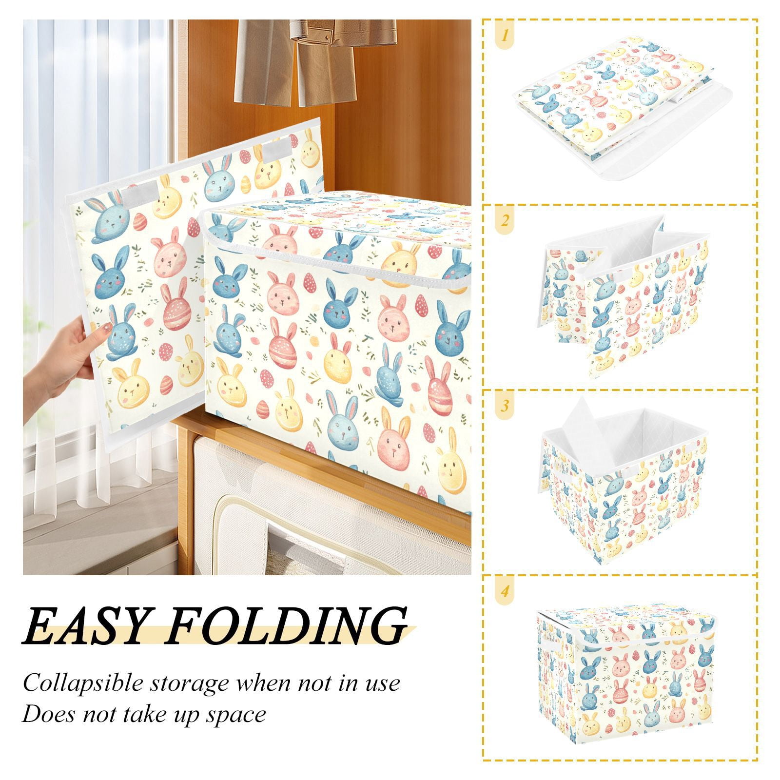 Easter Rabbits and Leaves Storage Basket for Shelves Foldable Container Organizer for Organizing Toys Clothes Books with Handles