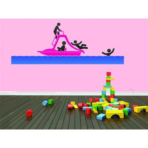 Design With Vinyl Artwork Sliding Off Boat Slide into Lake Wall Decal for Children - Themed Décor - Size: 27 In x 36 In