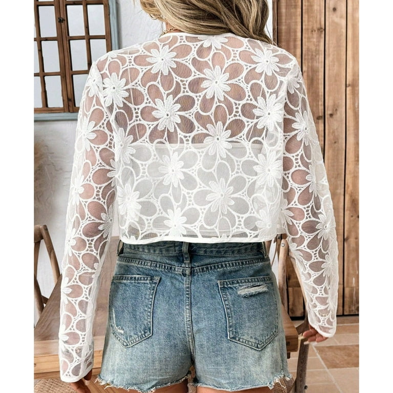 VSSSJ Women's Floral Lace Cropped Cardigans Casual Open Front Long