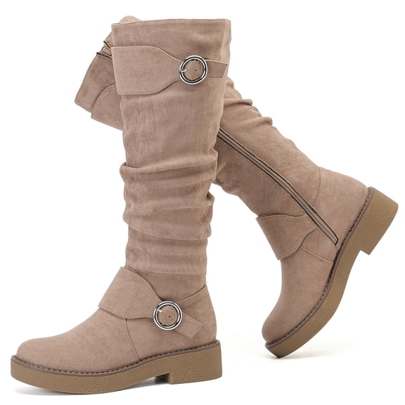 LOVE STEETLY Women's Slouchy KneeβHigh Riding Boots, Round Toe Platform Side Zipper Casual Versatile Comfort Boot.