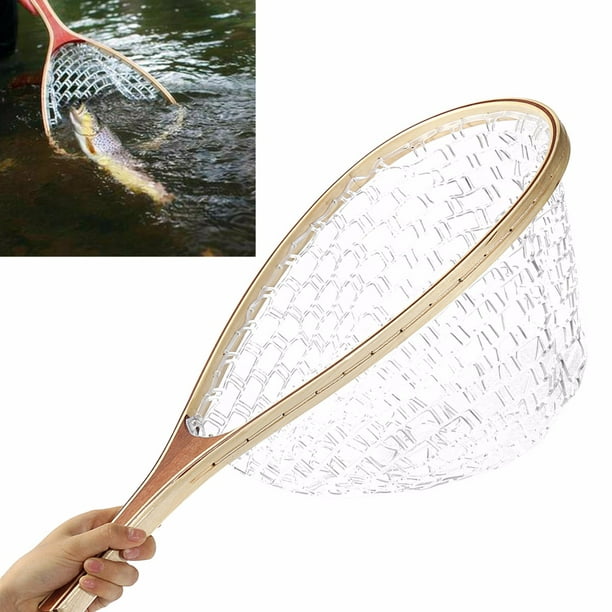 58cm Fly Fishing Landing Net Wooden Handle Rubber Mesh Trackle