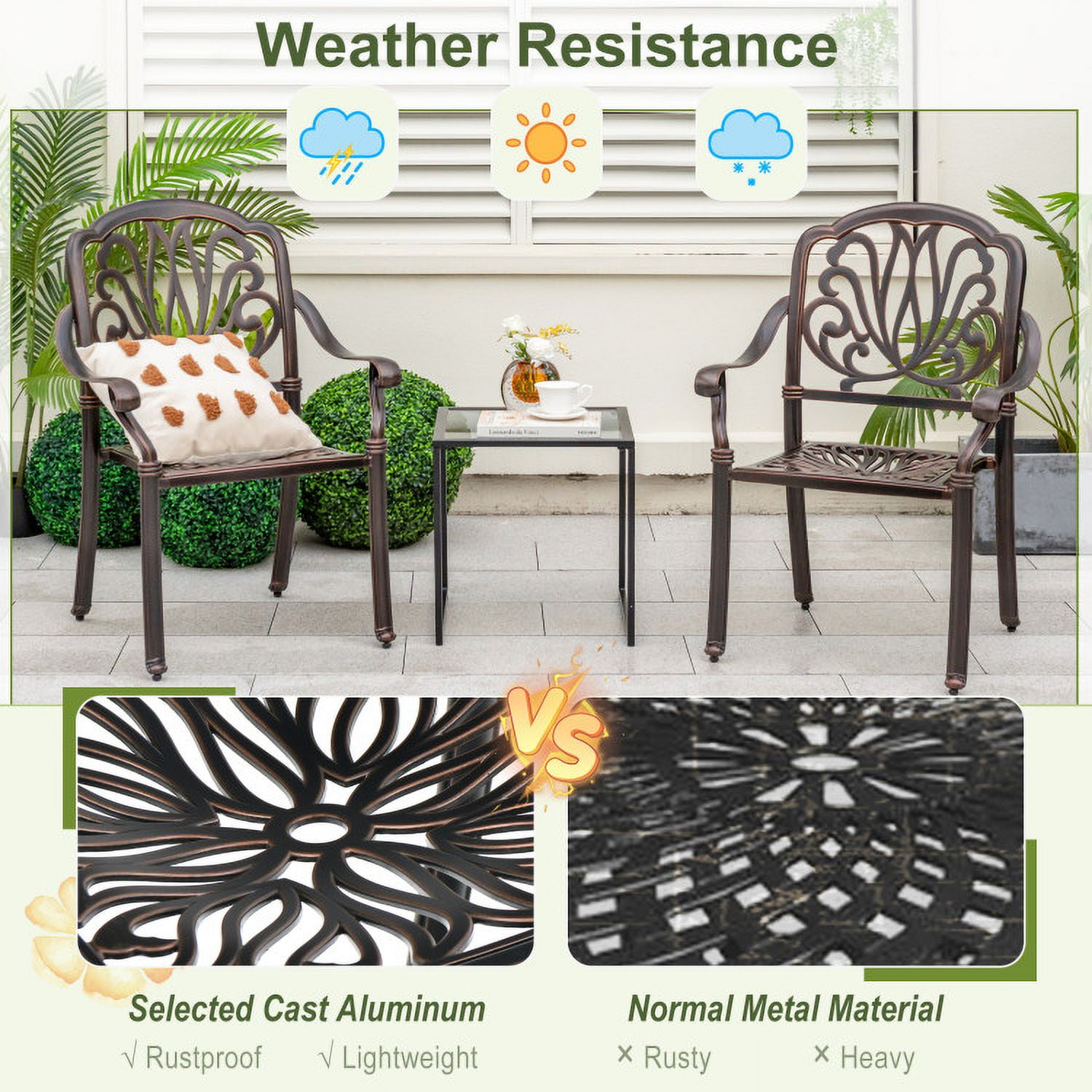 Aimee Lii 2 Pieces Patio Cast Aluminum Dining Chairs with Armrests, Outdoor Patio Set, Bronze