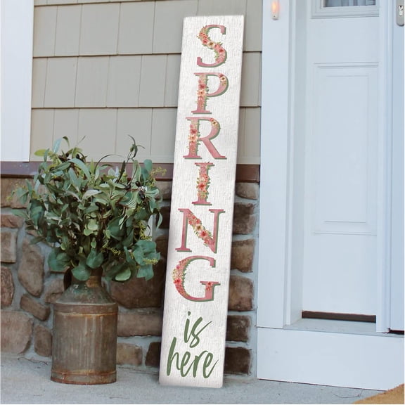 My Word! Spring Is Here Porch Board Welcome Sign & Porch Leaner for Front Porch Deck Patio or Wall - Indoor Outdoor Farmhouse Rustic Vertical Home Decor 8"x46.5"