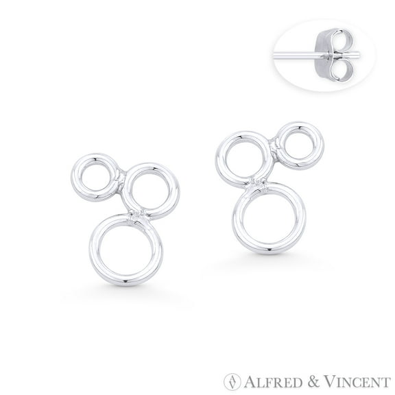 Triple Open Circle Cluster Stud Earrings w/ Push-Back Posts in .925 Sterling Silver