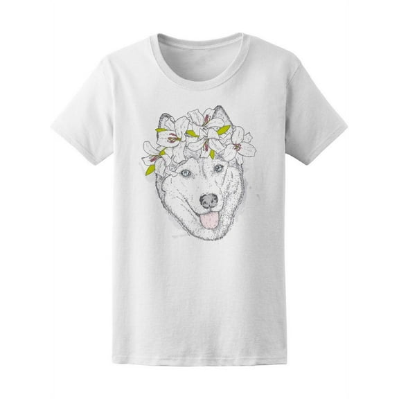 Beautiful Husky In Lilies Wreath T-Shirt Women -Image by Shutterstock, Female x-Large