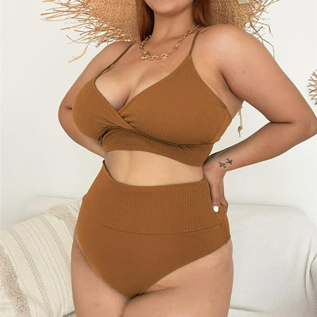 Aayomet Stock Drop Bandage Push Up Bra Women s Bikini Set Solid Swimsuit Set Womens Bathing Suits plus Size Shorts Brown XL